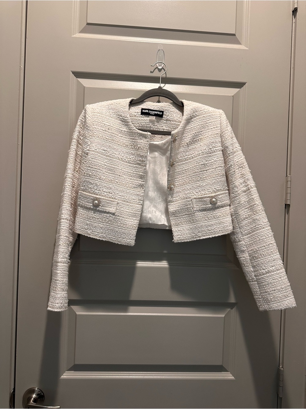 Karl Lagerfeld White Cropped Tweed Blazer with Pearl Buttons